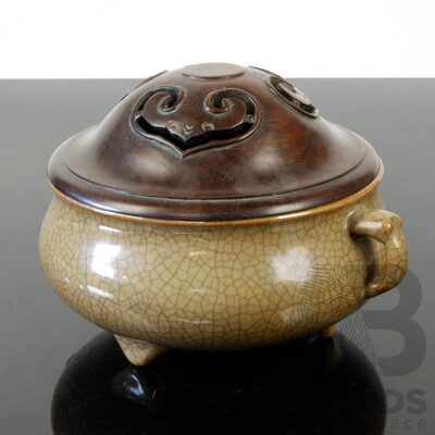 Vintage Chinese Tripod Footed Crackle Glazed Censer with Carved Wooden Cover