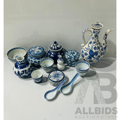 Collection Chinese Blue & White Porcelain Pieces Including Lidded Pitcher, Lidded Jars and More