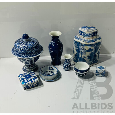 Collection Chinese Blue & White Porcelain Pieces Including Lobed Form Tea Caddy,  Lidded Jar and More