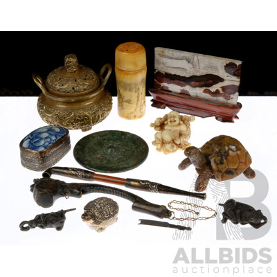 Collection Vintage Asian Items Including Japanese Brass Lidded Censer, Carved Stone Turtle, Scholars Stone on Wooden Stand, White Metal Lidded Turtle Container and More