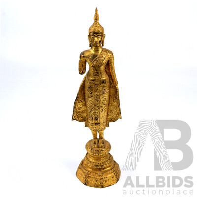 Vintage Bronze with Gilt Finish Thai Pang Ham Yati Buddha Statue with Flamiform Top Knot