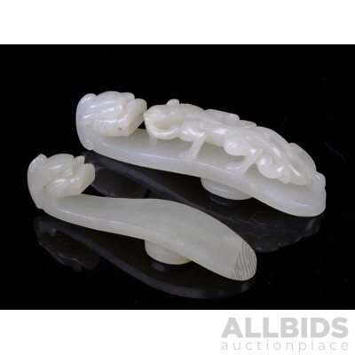 Two Chinese Scholars Jade Carved Brush Rests with Anthropomorphic Forms