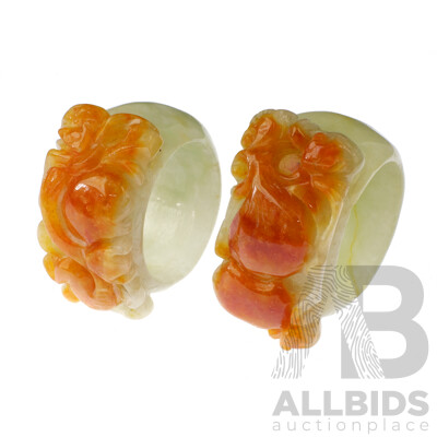 Two Chinese Carved Jade Stone Archers Rings