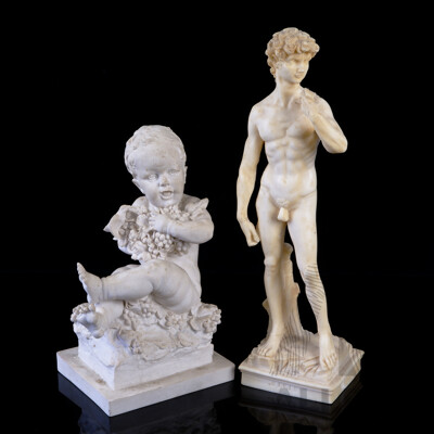 Heavy Plaster Infant with Grapes Statue Along with Composite Italian David Statue