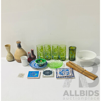 Collection Decorative Pieces Including Set Four Retro Glass Tumblers, Studio Art Glass Tumbler, Studio Pottery and  More