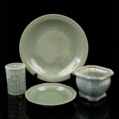 Four Porcelain Celadon Pieces Including Ocagonal Form Planter, Large Chargers and More