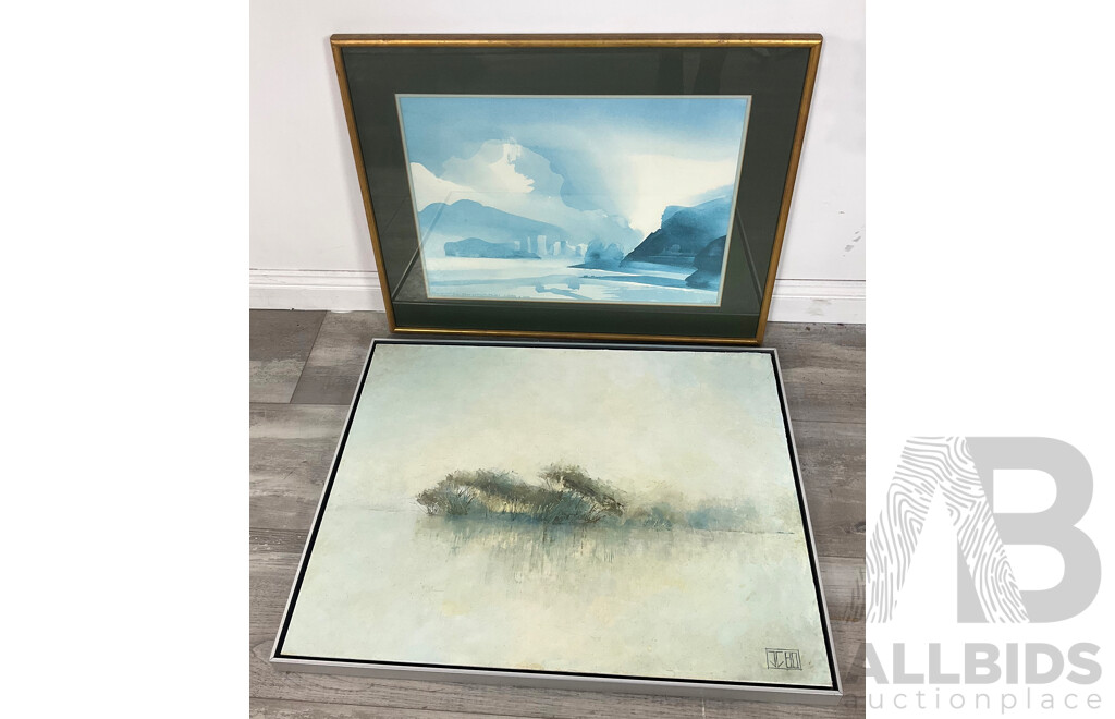 J. Caddaye, River Scene 1980, Oil on Canvas Together with a Framed Offset Landscape Print (2)