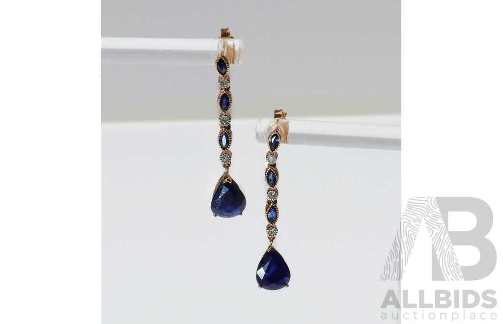 14CT Rose Gold Sapphire & Diamond Drop Stud Earrings, 35mm, 3.71 Grams