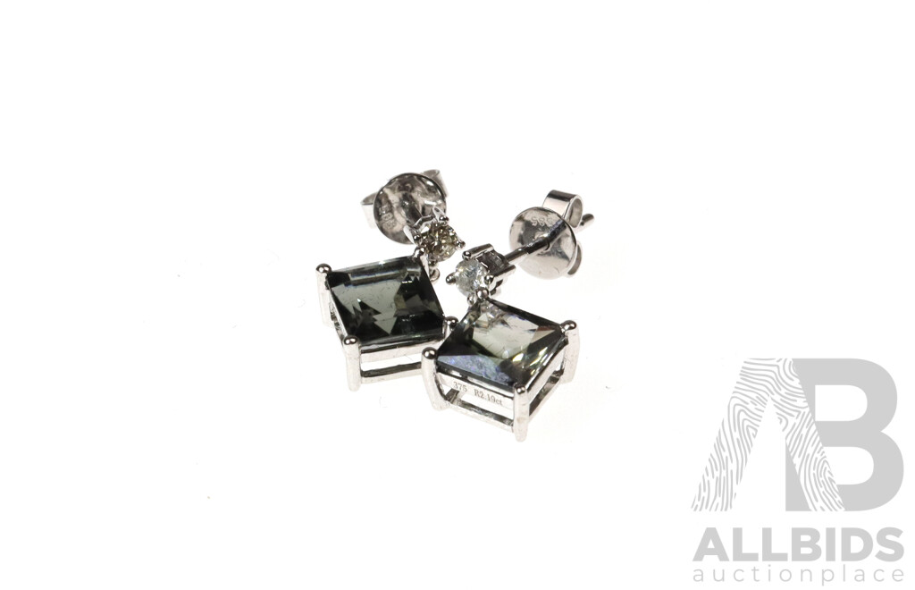 9CT Tourmaline & Diamond Set Drop Stud Earrings, 15mm, 1.57grams
