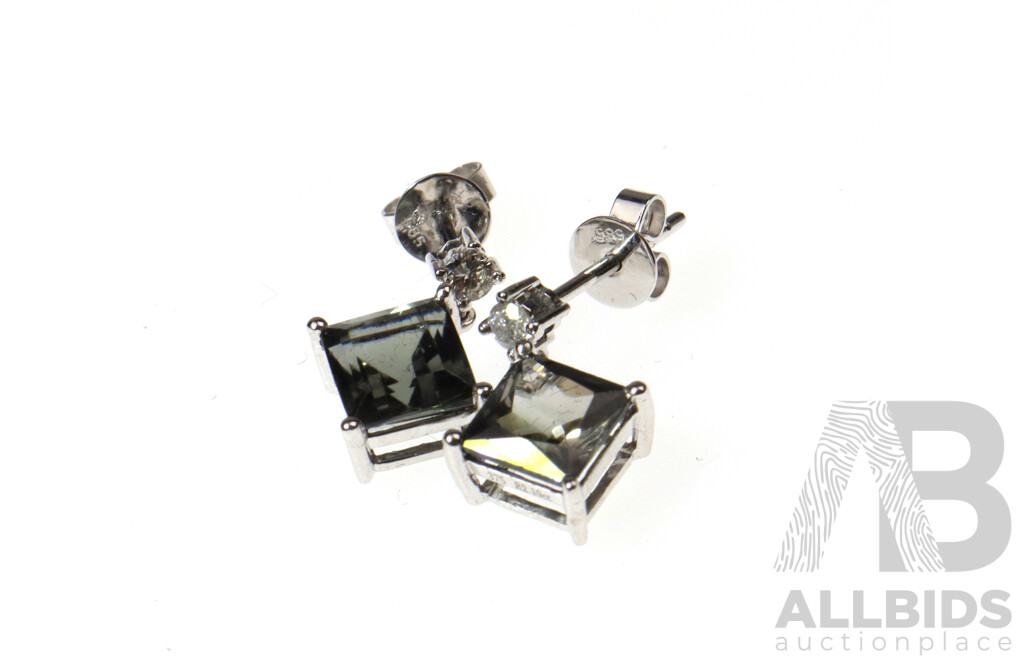 9CT Tourmaline & Diamond Set Drop Stud Earrings, 15mm, 1.57grams