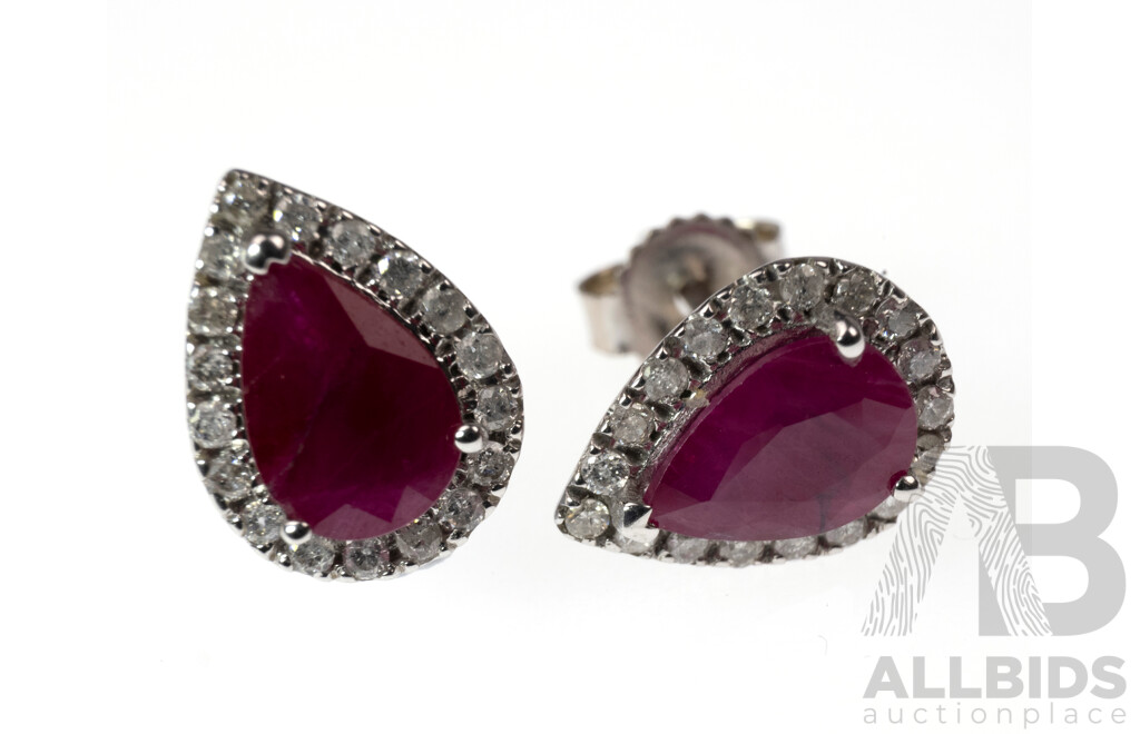 14CT White Gold Ruby & Diamond Set Stud Earrings, 10mm, 1.32 Grams