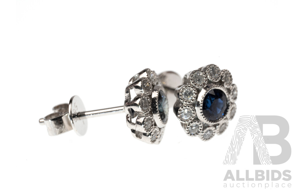 14ct Sapphire & Diamond Daisy Stud Earrings, 8.2mm Diameter, 1.78 Grams