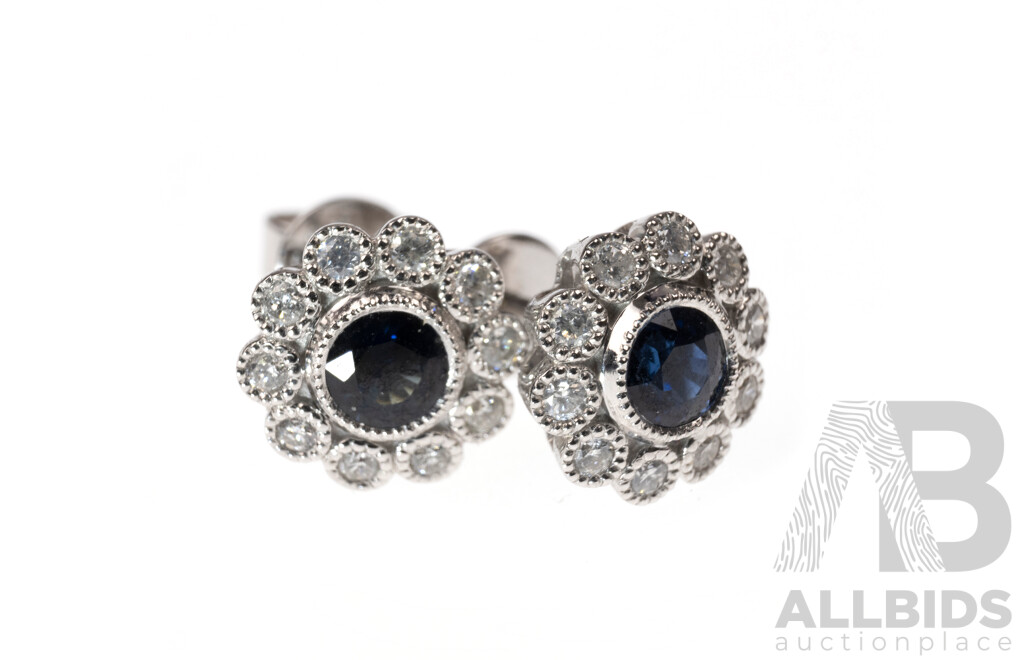 14ct Sapphire & Diamond Daisy Stud Earrings, 8.2mm Diameter, 1.78 Grams