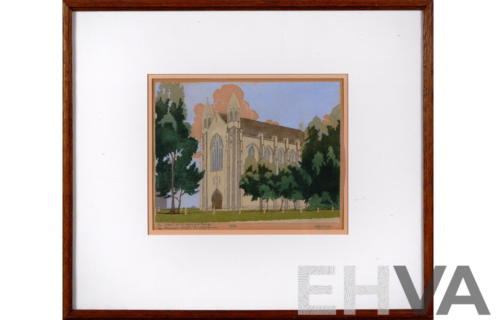 Archibald Bertram Webb, (Early 20th Century, Australian, 1887-1944), The Chapel of St. Mary and St. George, the Grammar School, Guildford, W.A. (^c1931), Colour Woodcut, 35 x 40 cm  (frame)