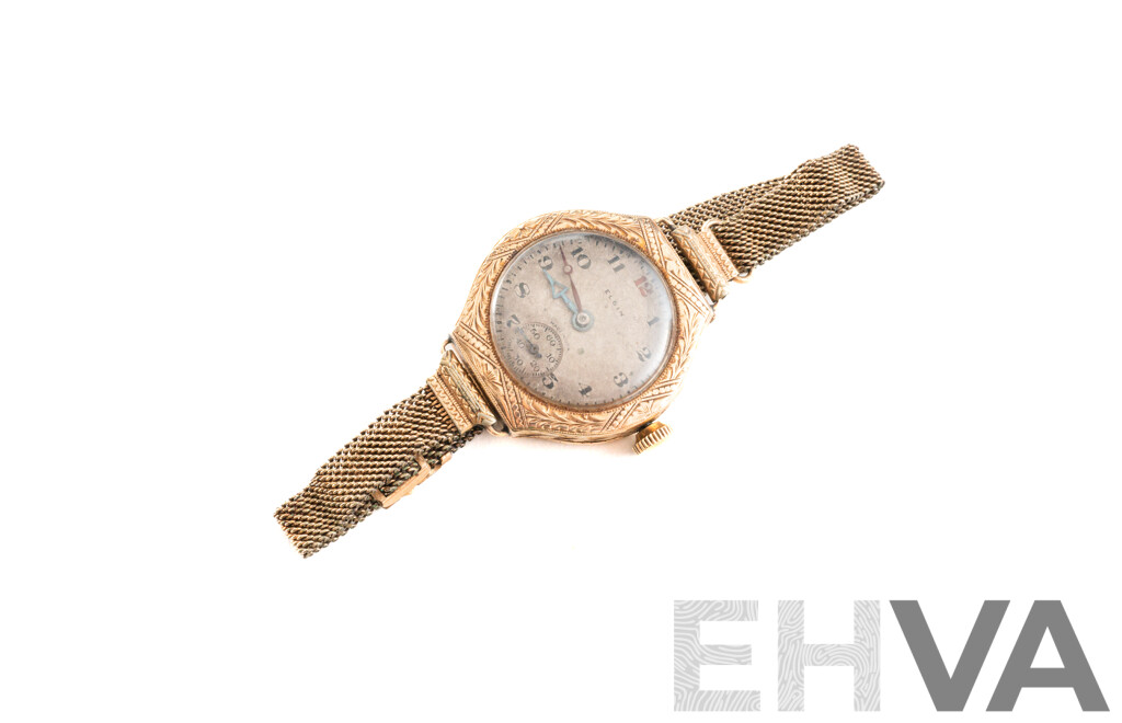 Antique Elgin 9ct Gold Casing Watch with Rolled Gold Band, Total Weight Face & Casing 14.0 Grams