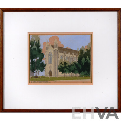 Archibald Bertram Webb, (Early 20th Century, Australian, 1887-1944), The Chapel of St. Mary and St. George, the Grammar School, Guildford, W.A. (^c1931), Colour Woodcut, 35 x 40 cm  (frame)