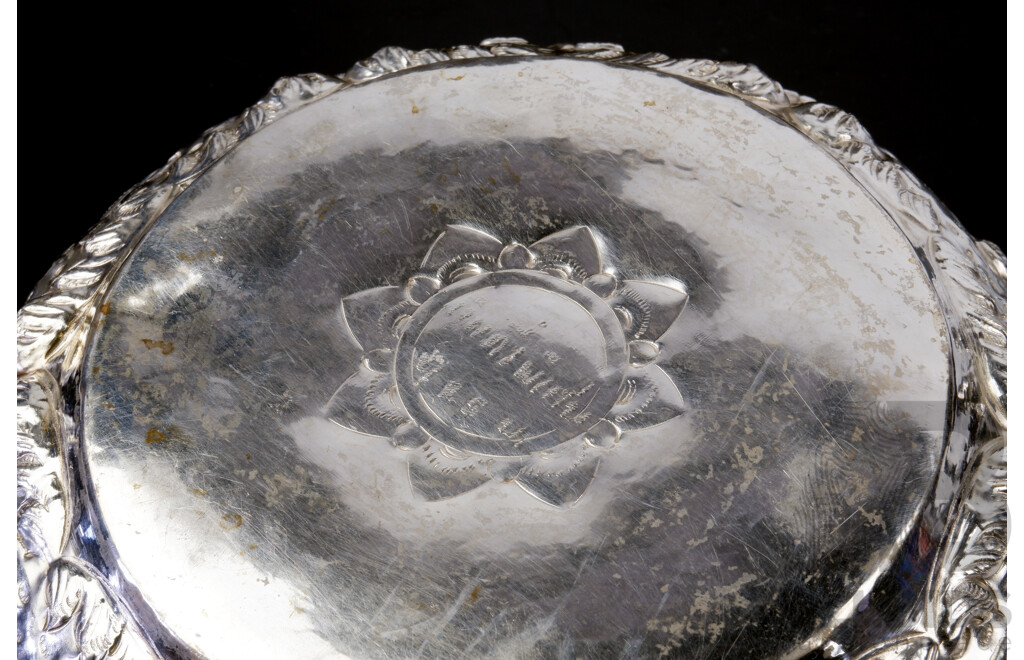 Antique Burmese Silver Bowl with Repoussed Decoration of Aspara, with Wooden Stand, Signed to Base