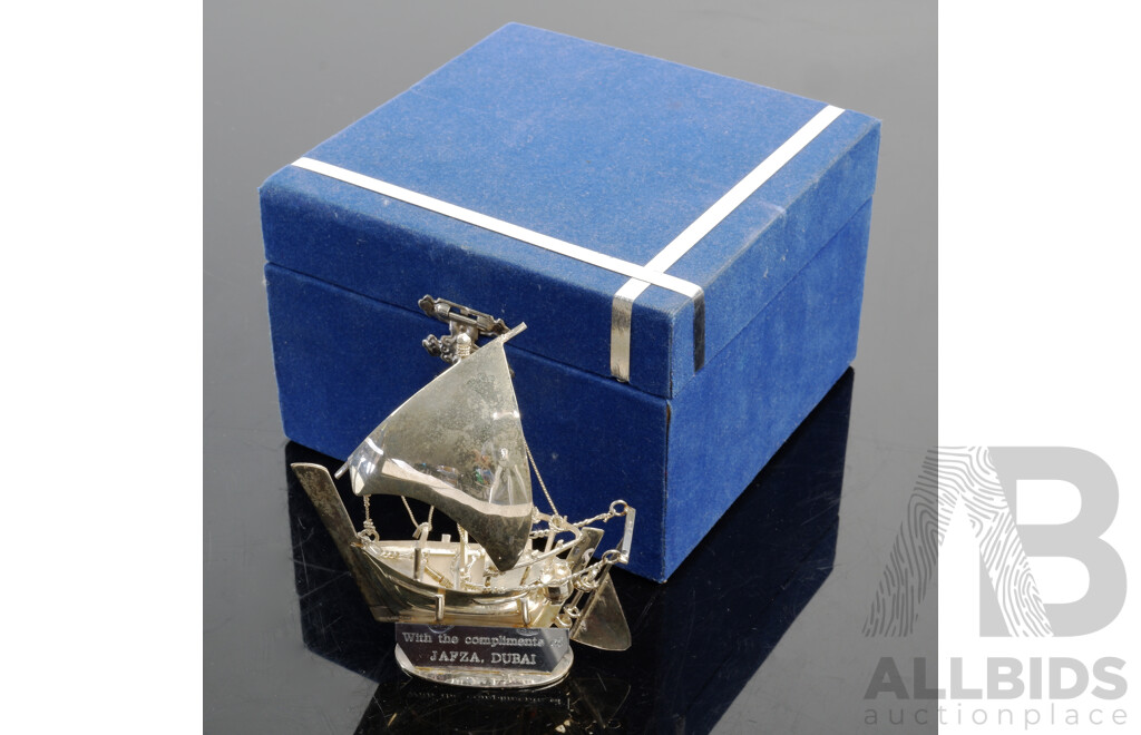 Mid Century Middle Eastern Sterling Silver Sailing Ship Model in Original Box