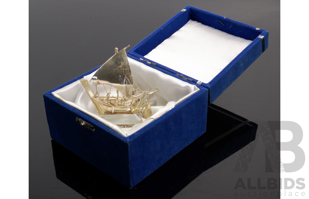 Mid Century Middle Eastern Sterling Silver Sailing Ship Model in Original Box