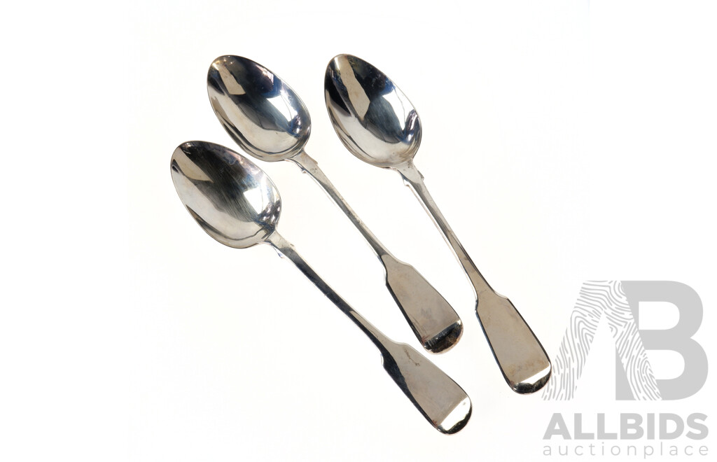 Three Antique Georgian, William IV & Victorian Sterling Silver Table Spoons, All Hall Marked