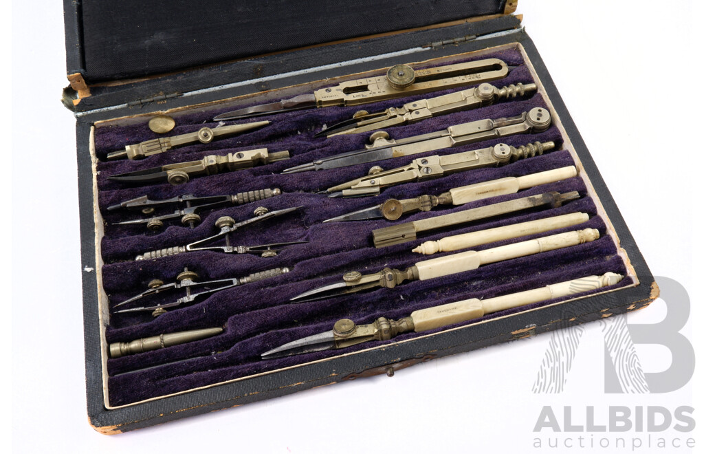 Antique Quality Japanese Takeda Bone Handled Draughtsmans Set in Original Case