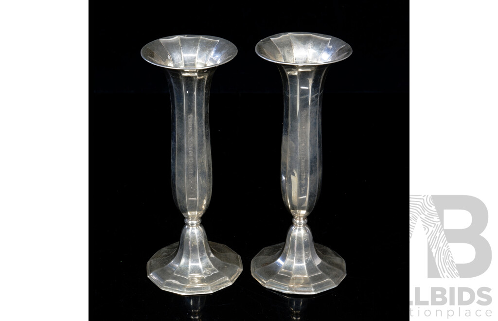 Pair Antique Dutch 833 Stamped Silver Vases, Assayed 1923, with Inscription