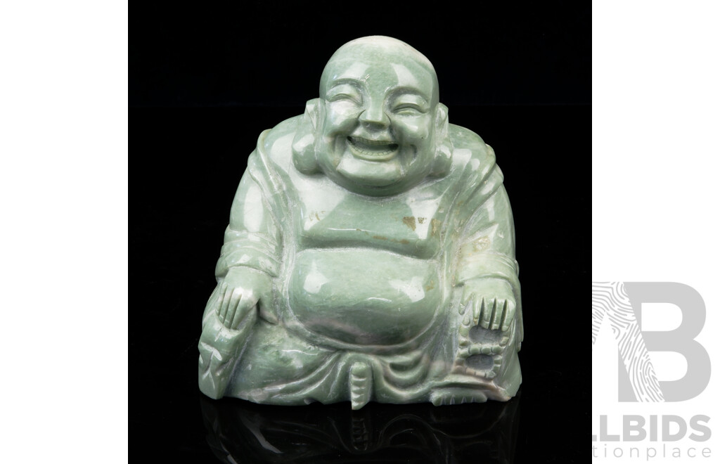 Hand Carved Chinese Laughing Seated Buddha Green Soft Stone Figure