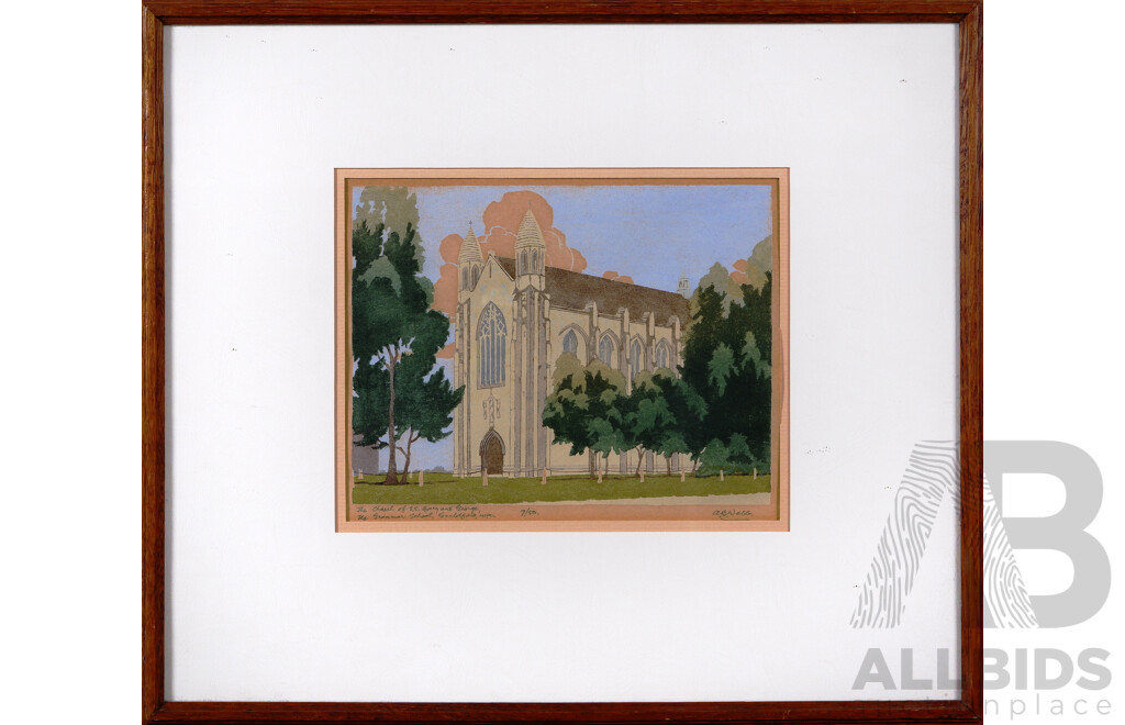 Archibald Bertram Webb, (Early 20th Century, Australian, 1887-1944), The Chapel of St. Mary and St. George, the Grammar School, Guildford, W.A. (^c1931), Colour Woodcut, 35 x 40 cm  (frame)