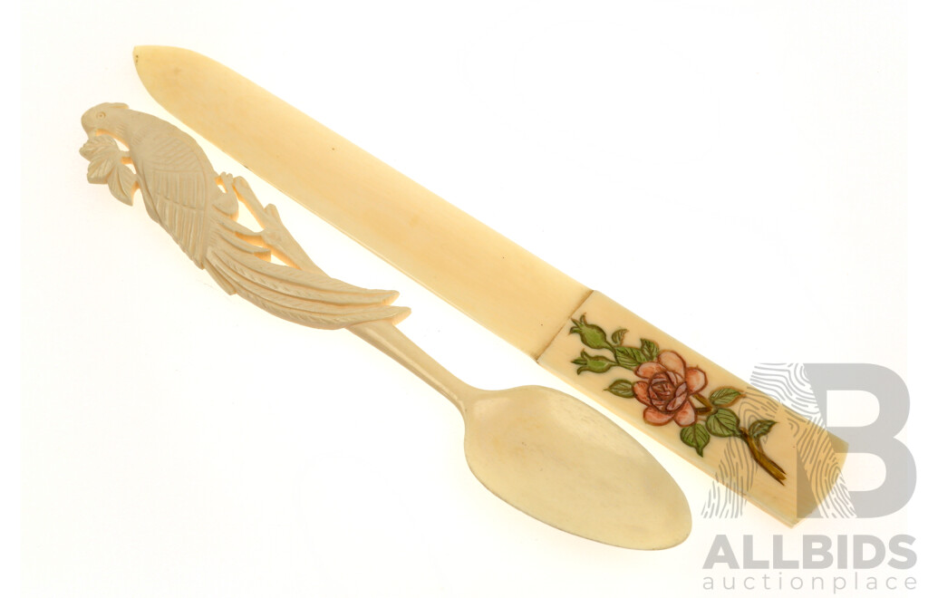 Hand Carved Oriental Ivory Page Turner Along with Bone Spoon with Avian Motif