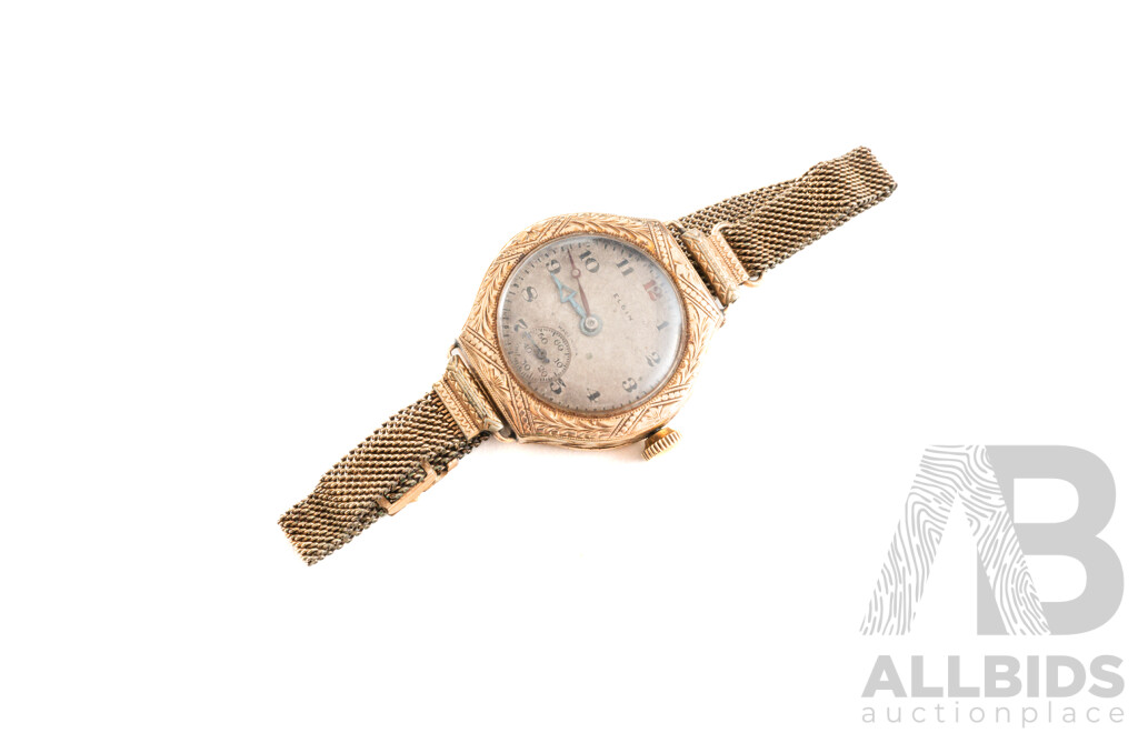 Antique Elgin 9ct Gold Casing Watch with Rolled Gold Band, Total Weight Face & Casing 14.0 Grams