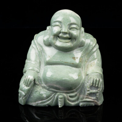 Hand Carved Chinese Laughing Seated Buddha Green Soft Stone Figure