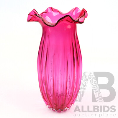 Vintage Very Large Hand Blown Cranberry Glass Vase with Fluted Rim