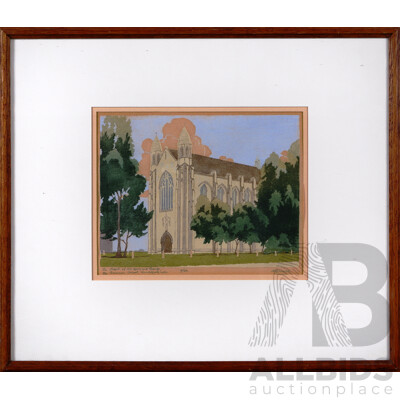 Archibald Bertram Webb, (Early 20th Century, Australian, 1887-1944), The Chapel of St. Mary and St. George, the Grammar School, Guildford, W.A. (^c1931), Colour Woodcut, 35 x 40 cm  (frame)