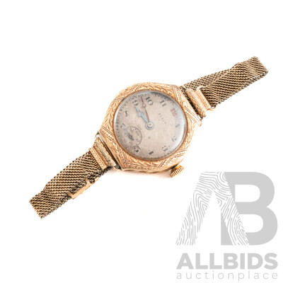 Antique Elgin 9ct Gold Casing Watch with Rolled Gold Band, Total Weight Face & Casing 14.0 Grams