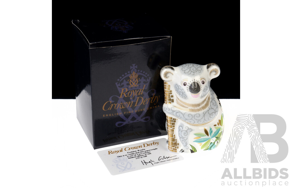 Royal Crown Derby Limited Edition Number 250 of 300 Pre Release, Golden Koala Porcelain Paperweight with Card with Designer High Gibson Signaturen Original Box with