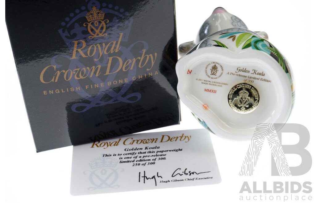 Royal Crown Derby Limited Edition Number 250 of 300 Pre Release, Golden Koala Porcelain Paperweight with Card with Designer High Gibson Signaturen Original Box with