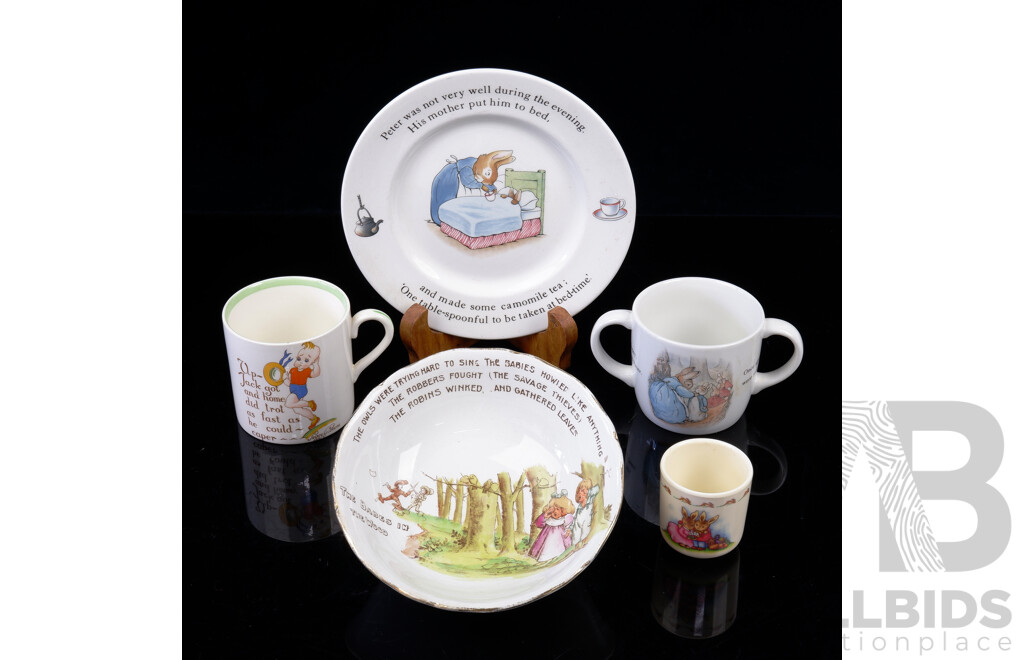 Collection Vintage Quality Chidrens Porcelain Including Wedgwood Peter Rabbit Plate and Sippy Cup and More