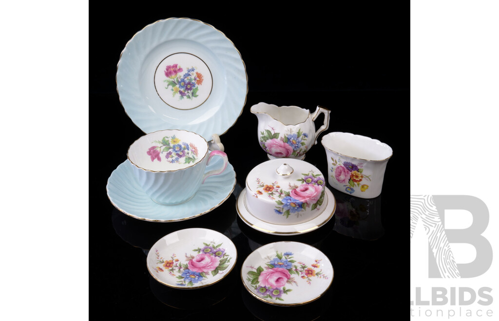 Collection Vintage Aynsley Porcelain Including Pair Pin Dishes, Blue Trio and More