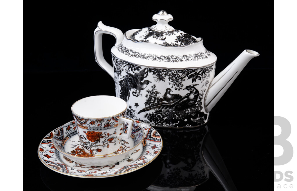 Royal Crown Derby Teapot in Black Aves Platinum with Trio in Victoria Pattern