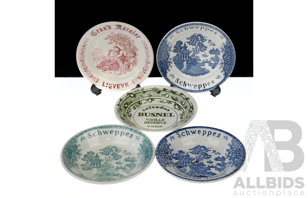 Collection Five Advertising Porcelain Dishes Including Schweppes Wedgwood Example and More