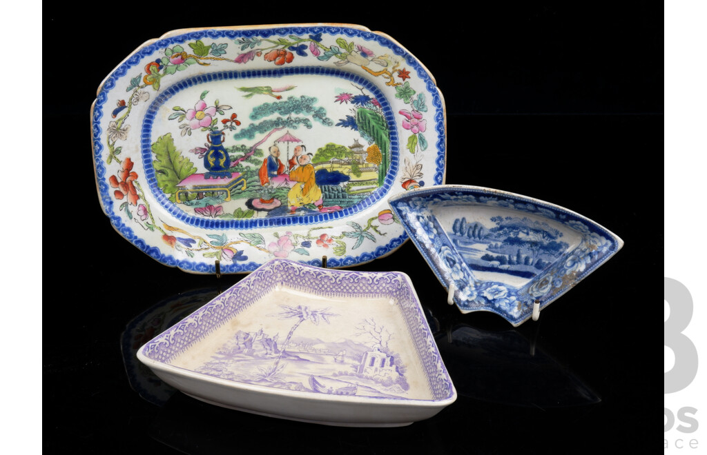 Three Antique Porcelain Pieces Comprising Mason Ironstone Chinoiserie Recangular Example, Blue and White Fan Shaped Dish by Lady Knox and More