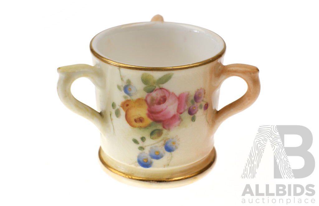 Antique Royal Worcester PorcelainMiniature Loving Cup in Blush Ivory Pattern, Puce Mark to Base