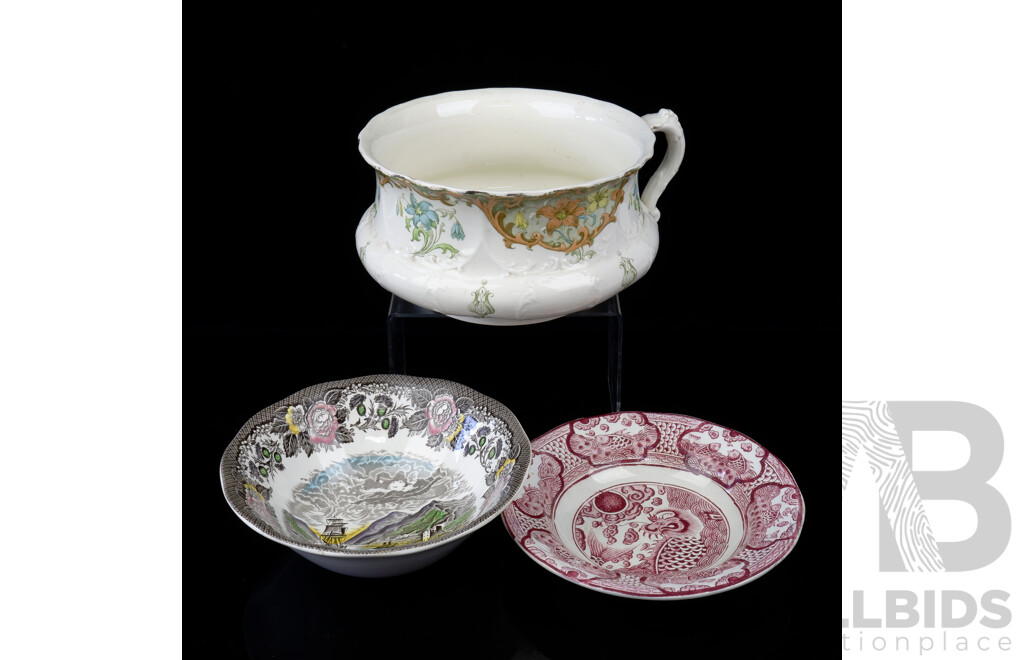 Collection Antique and Vintage Porcelain Comprising Petrus Regout Visch Bowl of Chinoiserie Red Dragon Dish and More