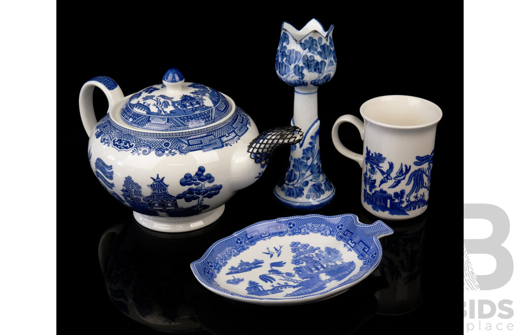 Collection Four Blue & White Porcelain Items Including Delft Candle Holder, Spode Leaf Shaped Dish, Churchill Mug and More