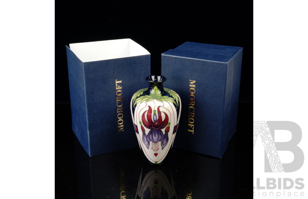 Moorcroft Porcelain Vase in Fuchsia Pattern, Initialled to Vase in Original Box