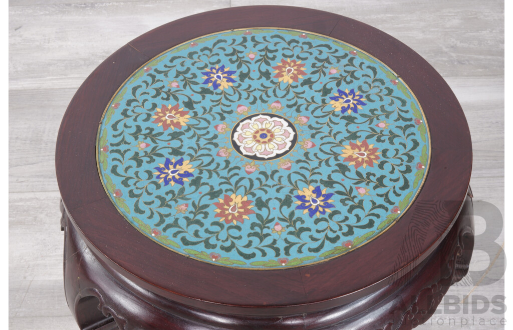 Chinese Round Mahogany and Cloisonne Stool or Side Table