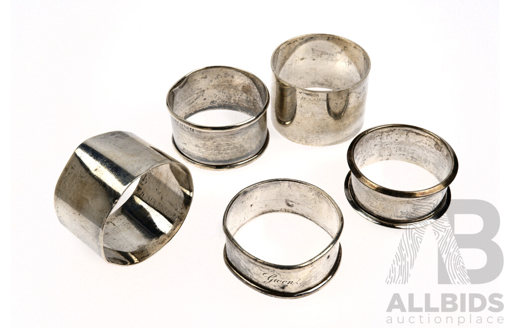 Collection Five Sterling Silver Antique Napkin Rings Including Three Birmingham Examples, Sheffiled & London