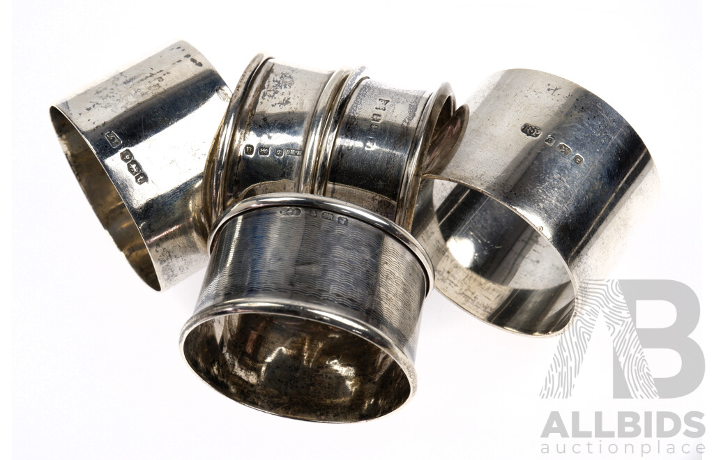 Collection Five Sterling Silver Antique Napkin Rings Including Three Birmingham Examples, Sheffiled & London