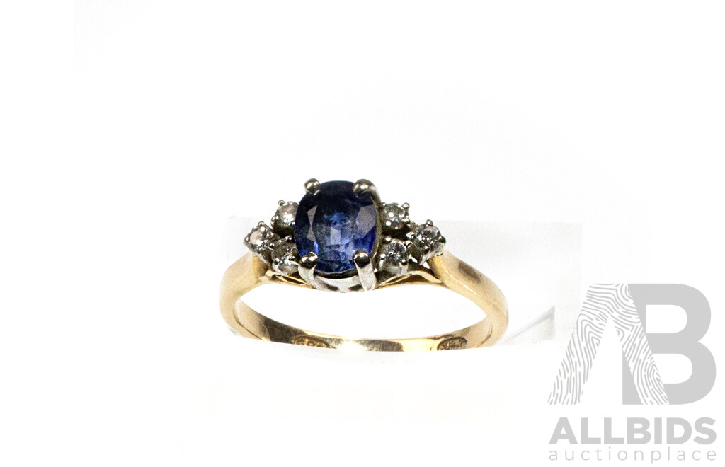 14ct Ceylon Sapphire & Diamond Ring, Size L, 2.54 Grams