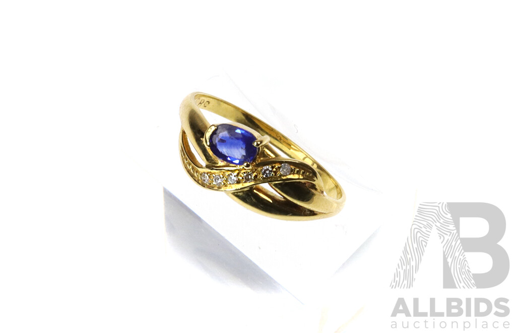 14ct Ceylon Sapphire & Diamond Ring, Size M, 1.89 Grams